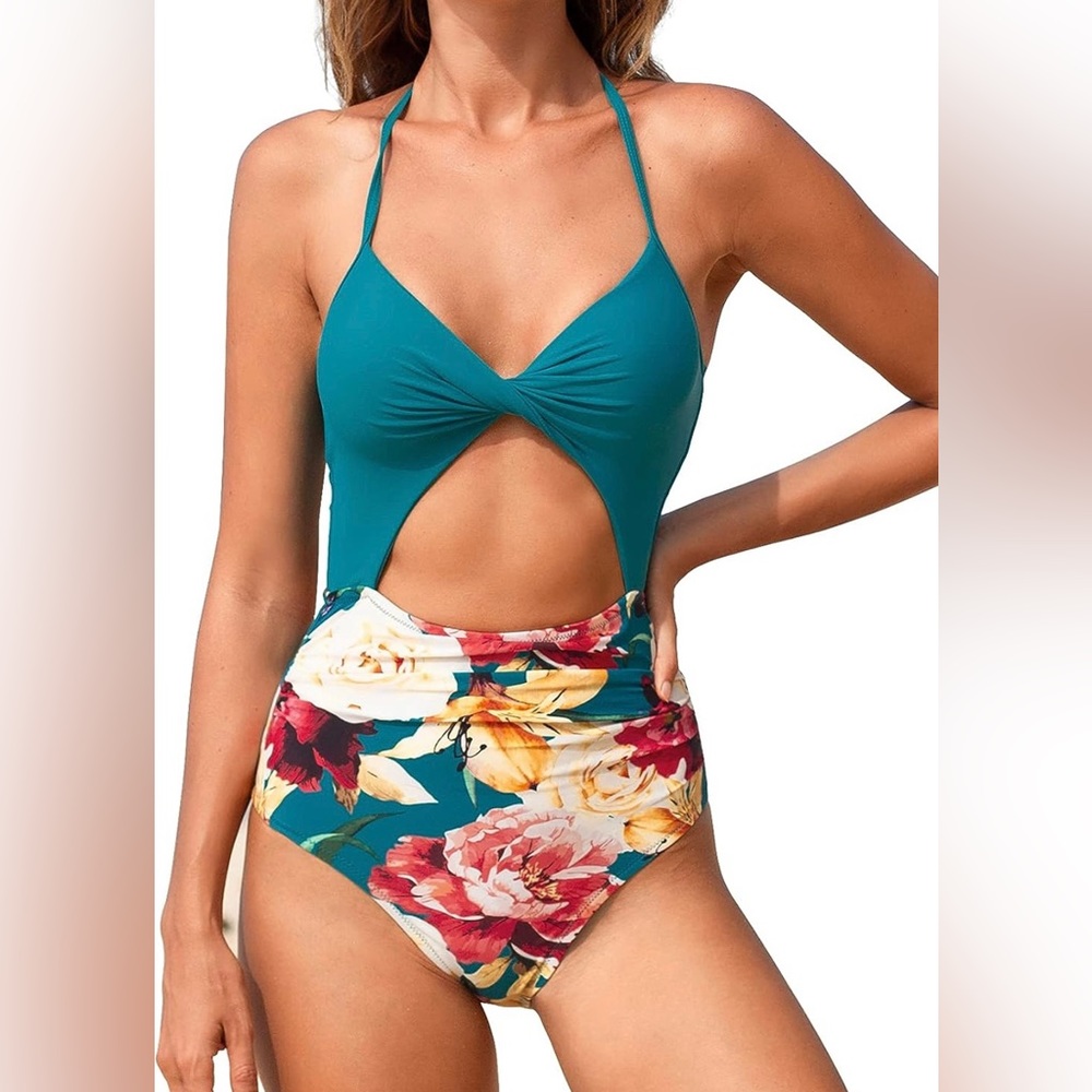 CUPSHE One Piece Swimsuit Twist Cutout Front Crisscross Lace Up Back Sz S - Picture 3 of 5